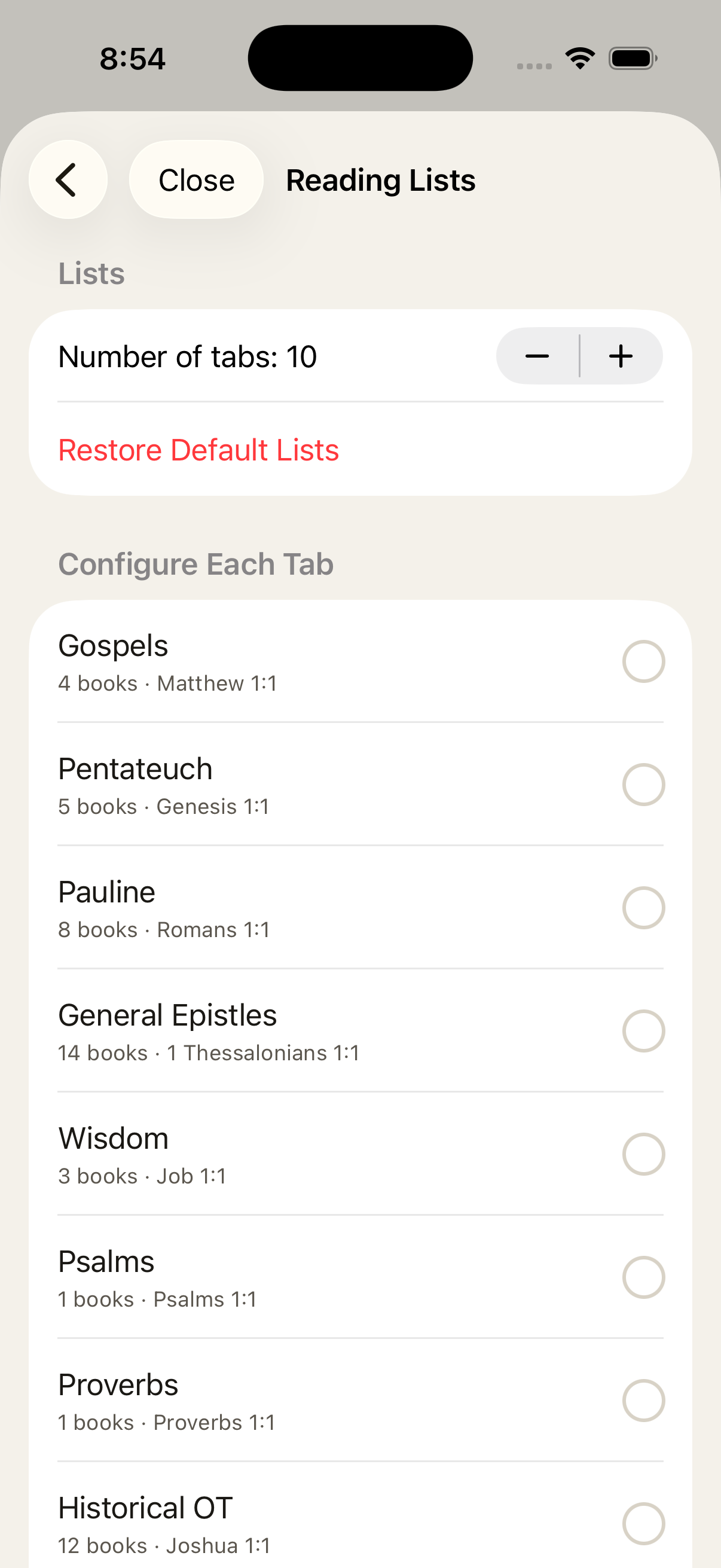 Reading list configuration