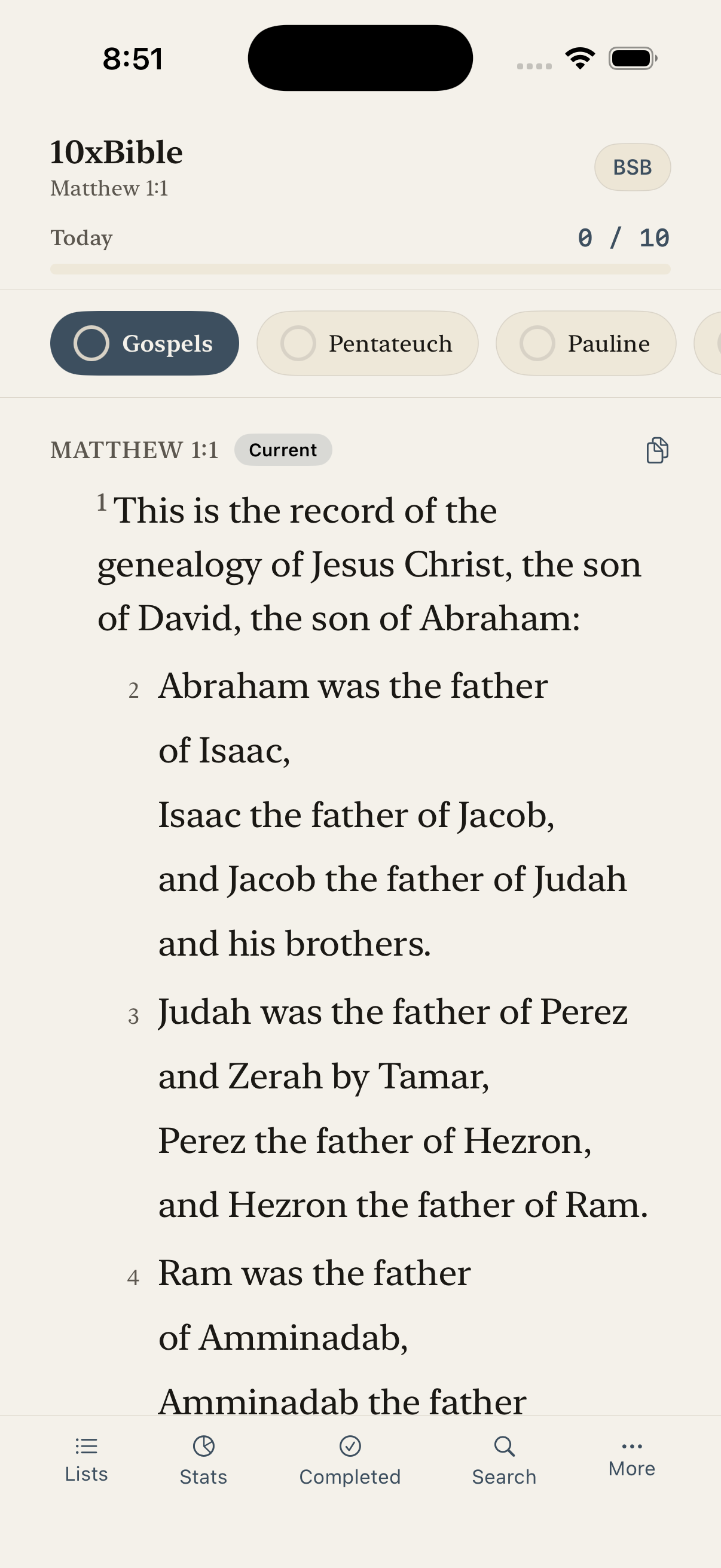 10xBible reader showing Matthew 1 in the Berean Standard Bible