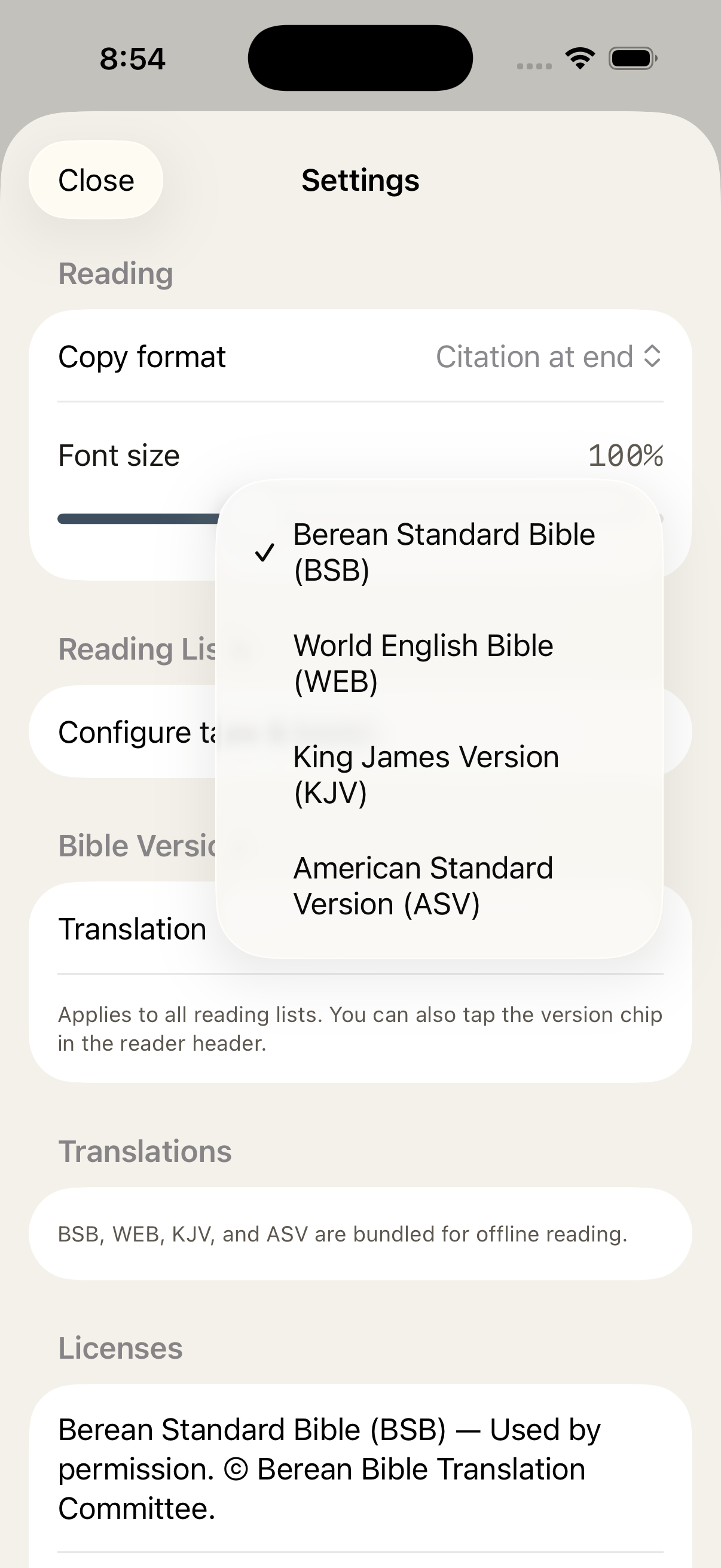 Settings with translation picker