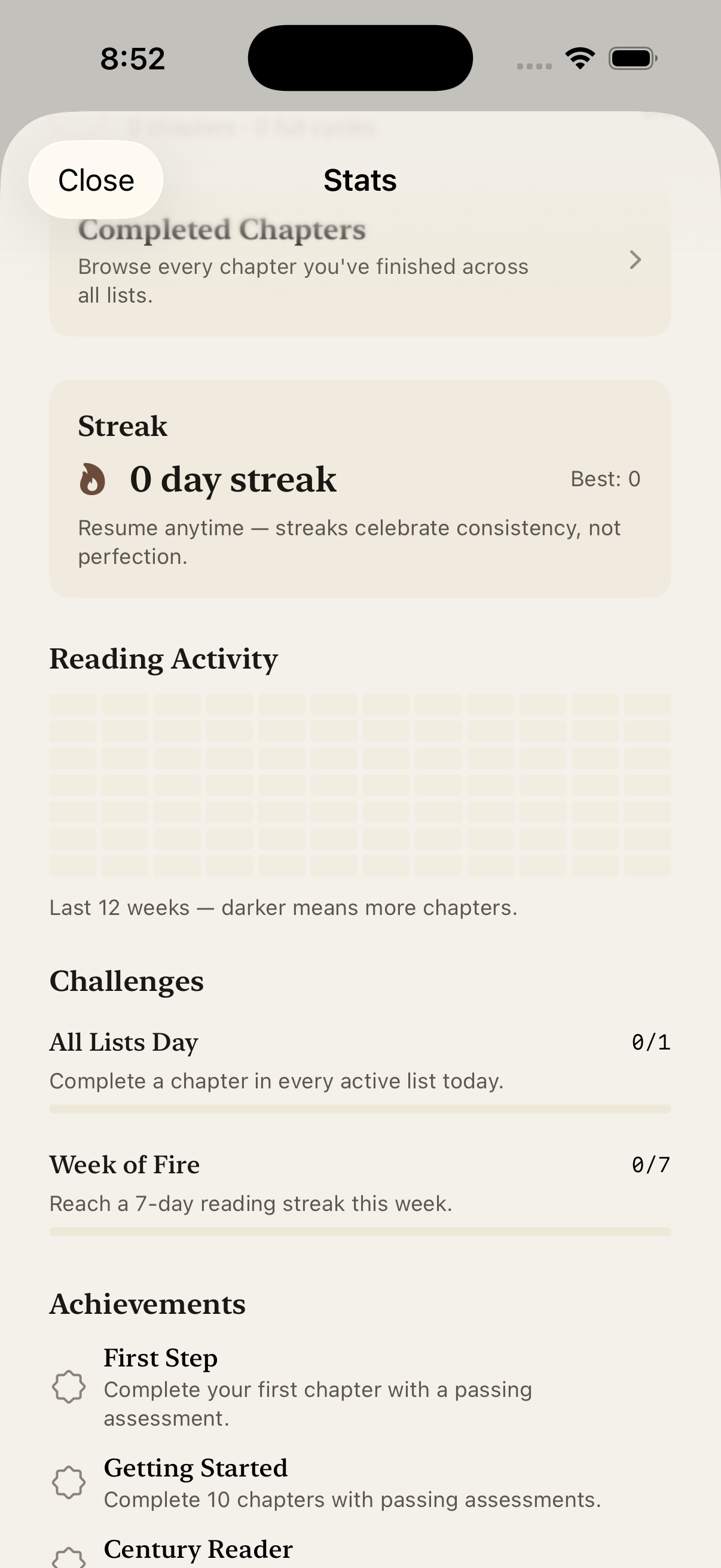 Stats dashboard with streaks and heatmap